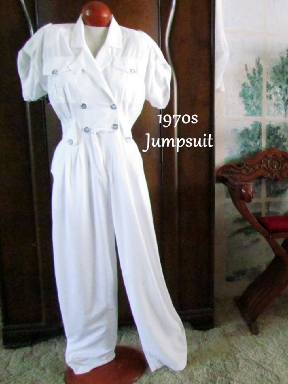 1970s JUMPSUIT, S-M, Bust: 36-38" MILITARY STYLE WHITE COTTON w POCKETS, BUTTONS
